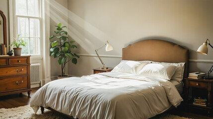Cozy Bedroom Retreat with Natural Light, A beautifully styled and peaceful bedroom featuring a large bed with crisp white linens and a warm brown headboard. The room includes a dresser.