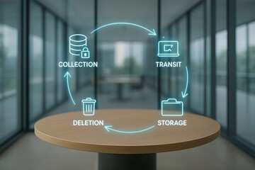 Data lifecycle management diagram depicting collection transit storage and deletion process on a wooden table in an office setting