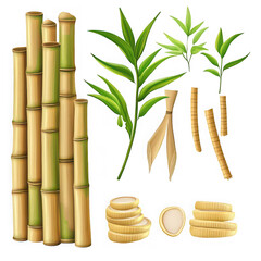Tall green bamboo stalks with leaves and cut pieces
