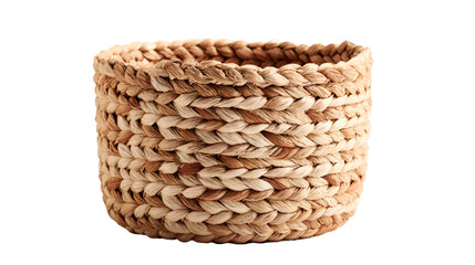 A woven basket made of natural fibers sits on a black background in a studio setting indoors
