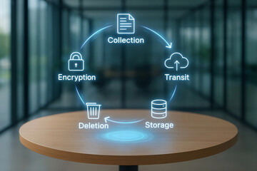 Data lifecycle on a wooden table illustrating data processes including collection encryption transit storage and deletion in an informative digital process diagram