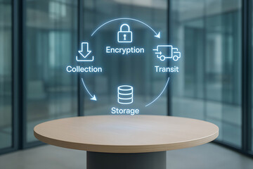 Data security lifecycle conceptualized on a tabletop illustrating collection encryption transit and storage