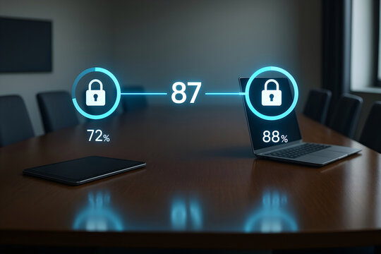 Data security visualization tablet and laptop with digital lock icons on conference table representing network protection