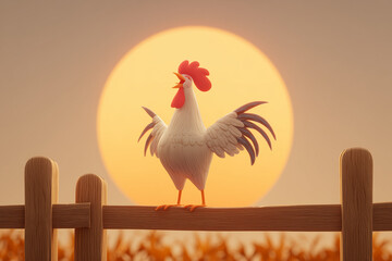 Rooster Crowing at Sunrise. Illustrative rooster crowing at sunrise on a farm fence. Ideal for rural themes, morning vibes, and agricultural designs.