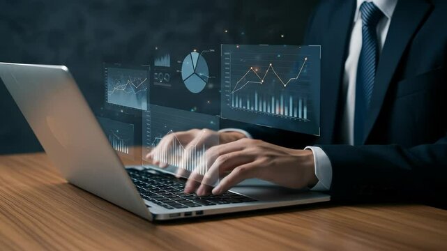 Data analysis by a professional businessman utilizing a laptop to engage with interactive holographic charts and graphs, showcasing real-time financial information and business analytics for strategic - Powered by Adobe
