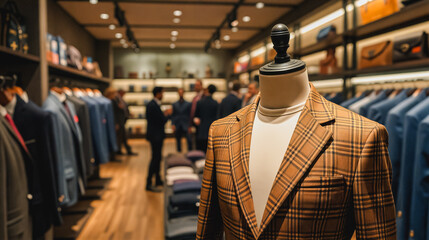 Brown Plaid Suit Jacket Display in Clothing Store, A mannequin showcases a stylish brown plaid suit jacket in a well-organized clothing store. The jacket is the focal point.