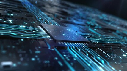 The ​​chip is connected to the motherboard. The chip emits light to connect and activate the circuit board, activating the entire system to emit particles and lines.Shocking technology 3D animation. - Powered by Adobe