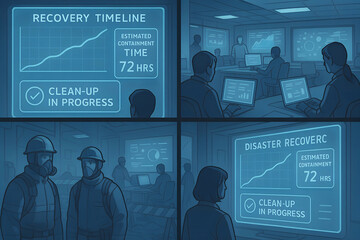 Illustration depicting disaster recovery operations showing the timeline and clean-up progress with emergency response personnel