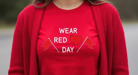 Woman wearing red shirt and cardigan for wear red day supporting heart health awareness