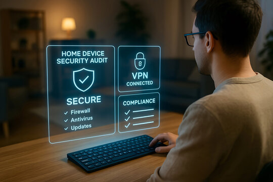 Man using computer checking home device security audit including firewall antivirus and updates with vpn connection and compliance in a secure environment.