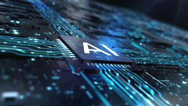 The AI ​​chip is connected to the motherboard. The chip emits light to connect and activate the circuit board, activating the entire system to emit particles and lines.Shocking technology 3D animation