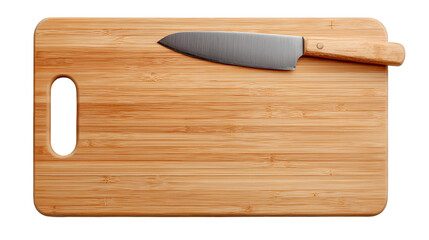 A wooden cutting board with a handle and a knife laying on top of it in a horizontal composition view