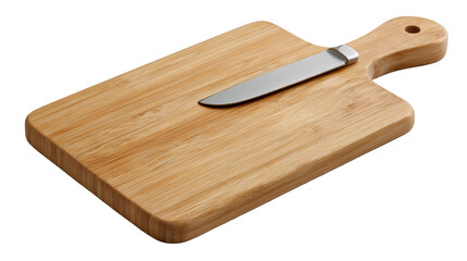 A wooden cutting board with a handle and a silver knife resting on it against a black background