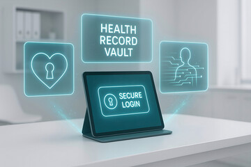 Secure access to digital healthcare records depicted with tablet and glowing icons illustrating protection and data encryption