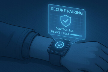 Secure contactless device pairing illustration depicting technology and digital security for smartwatches