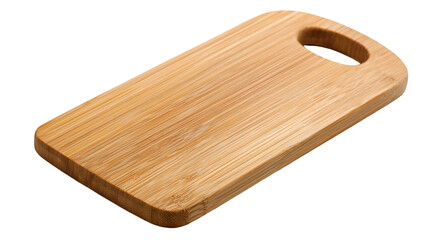 A wooden cutting board with a handle on a black background in a studio shot with soft lighting