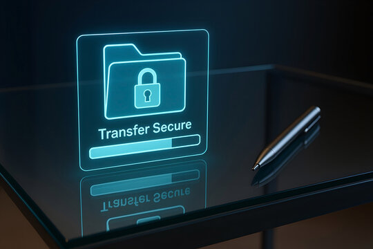 Secure data transfer concept with illuminated folder and padlock icon suggesting protection and online security