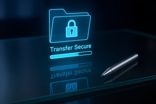 Secure data transfer process depicted on a digital display with modern stylus and progress bar indicating completion with glowing neon blue interface