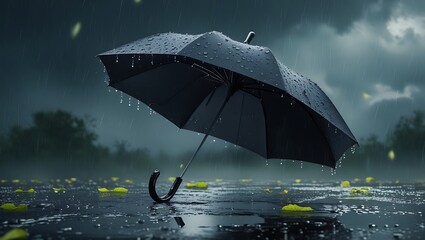 Black Umbrella in Heavy Rain, Dramatic Moody Atmosphere, Dark Clouds, Fallen Leaves