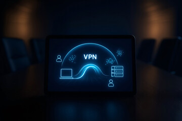 Secure network connection depicted on a tablet representing vpn technology for online privacy and data protection in a dark environment.