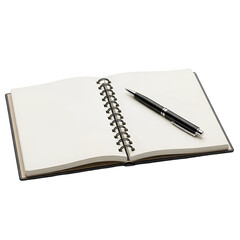 Open spiral notebook with blank pages and a black pen resting on the right side, on black background
