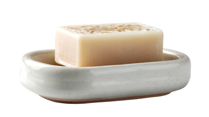 A close up of a bar of soap sitting in a white ceramic soap dish on a black isolated background