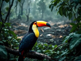 Portrait of a Toco Toucan Perched in a Misty, Rainy Jungle