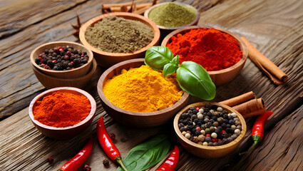 A colorful variety of dried spices and herbs, including red paprika and turmeric powder, in wooden bowls on a rustic table, ready for cooking flavorful cuisine