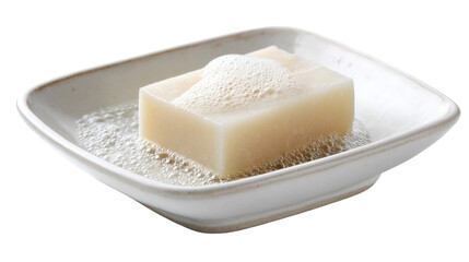 A bar of soap with bubbles sitting in a white soap dish on a black background in a studio shot view