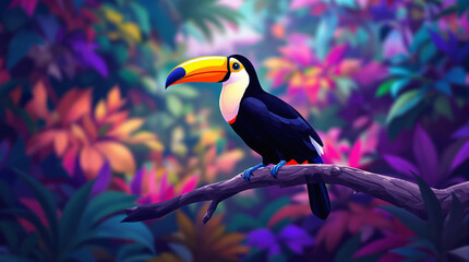 Fototapeta premium Colorful toucan perched on a branch in a vibrant jungle.