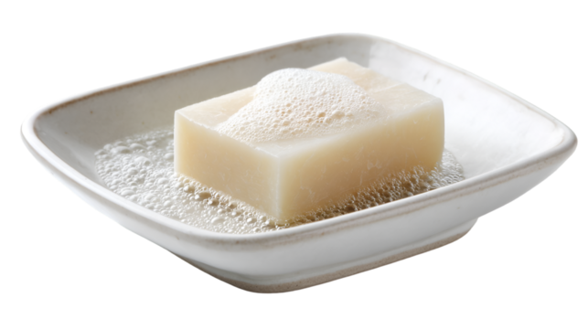 A bar of soap with bubbles sitting in a white soap dish on a black background in a studio shot view