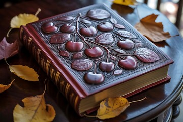 An exquisite book, recipe book, an old album in an expensive leather burgundy cover with premium embossing, with a pattern of ripe cherries, berries on a wooden table strewn with yellow autumn leaves