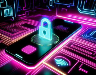 Sicherheitsschloss in digitaler neon Welt