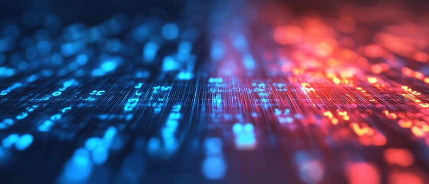 Close-up image of glowing blue and red digital binary code representing data flow and technology.