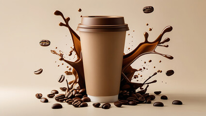 Brown plastic coffee mug mockup with coffee beans and coffee splash