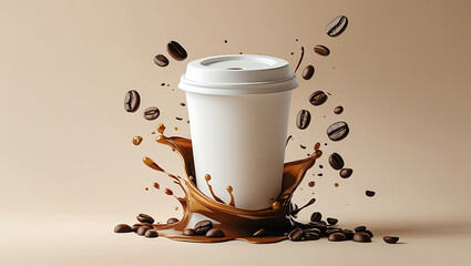 White plastic coffee mug mockup with coffee beans and coffee splash