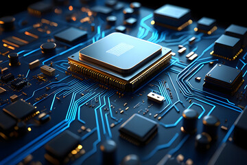 Close up of an electronic circuit board with computer chips and components, showcasing intricate digital technology on the mainboard