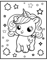 black and white cartoon illustration of  cute unicorn