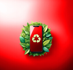 Smartphone mit Rcyclingzeichen auf rotem Hintergrund