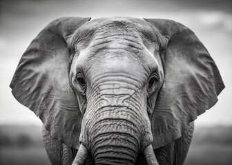 Naklejka premium A close-up grayscale portrait reveals the intricate skin texture and wise gaze of an elephant.