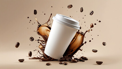 White plastic coffee mug mockup with coffee beans and coffee splash