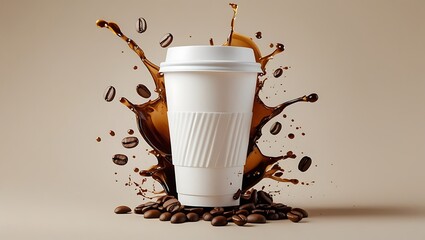 White plastic coffee mug mockup with coffee beans and coffee splash