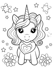 black and white cartoon illustration of  cute unicorn