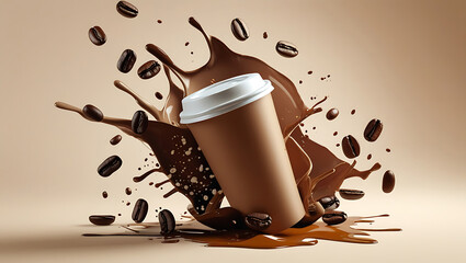 Brown plastic coffee mug mockup with coffee beans and coffee splash
