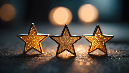 Golden Christmas stars sparkle on a black background, a festive and bright winter holiday decoration