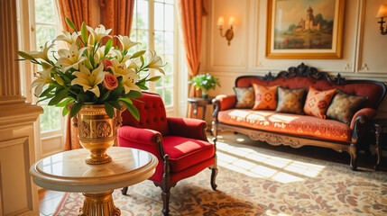 Elegant Living Room with Floral Arrangement, A beautifully styled living room showcasing a luxurious and inviting atmosphere.