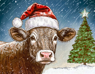illustriertes Angusrind mit Weihnachtsm&uuml;tze steht vor Weihnachtsbaum