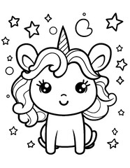 Fototapeta premium black and white cartoon illustration of cute unicorn