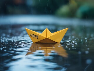 Paper boat with hope inscription floats on water during a rain, evoking feelings of resilience and optimism