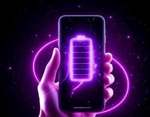 neon Smartphone zeigt Batteriestand, schwarzer dunkler Hintergrund